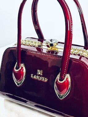 NWT/M-Lamsed Red Patent Gold Chain Bag – Glam Faux Diamond Clasp Purse